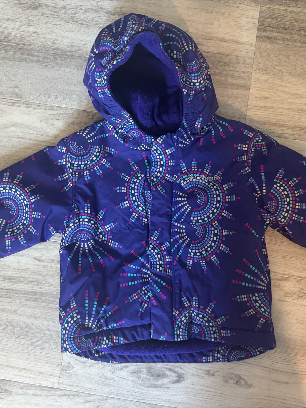 Columbia Purple Hooded Kids Puffer Jacket with Multicolor Dot Pattern